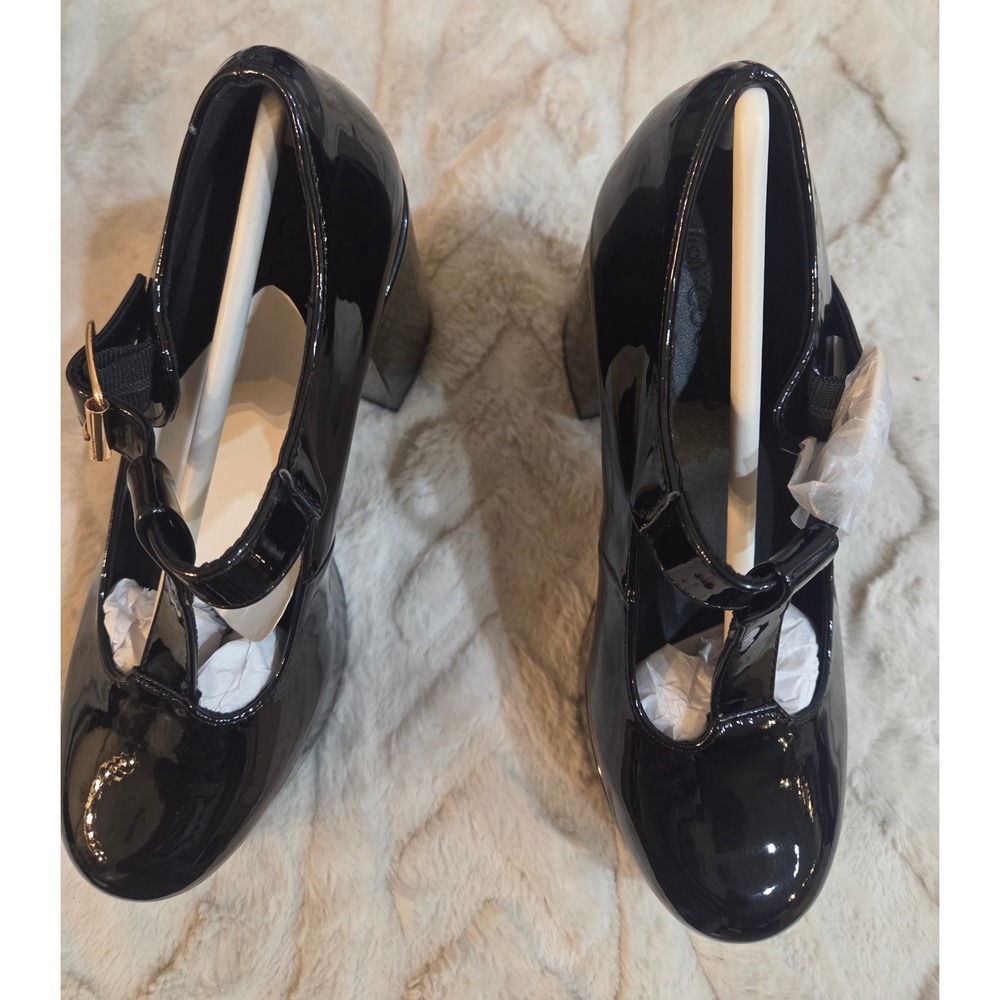Black Patent T-Strap Platform Mary Jane Pumps Chunky Block Heel Gothic Size 6 - Picture 15 of 16